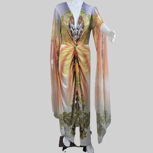 Venus Baroque Print Maxi Dress Orange Yellow Split Cape Sleeve V-Neck Size M